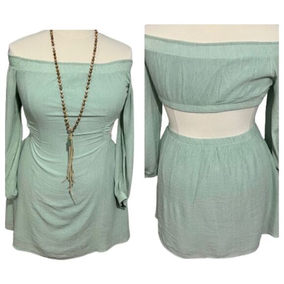 ‎Altar’d State Mint Green Cut-Out Off-Shoulder Dress - L - Picture 1 of 16